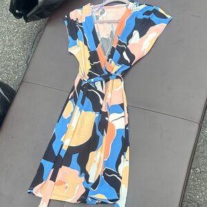 Nine West Abstract Wrap Dress in Blue, Black & Peach